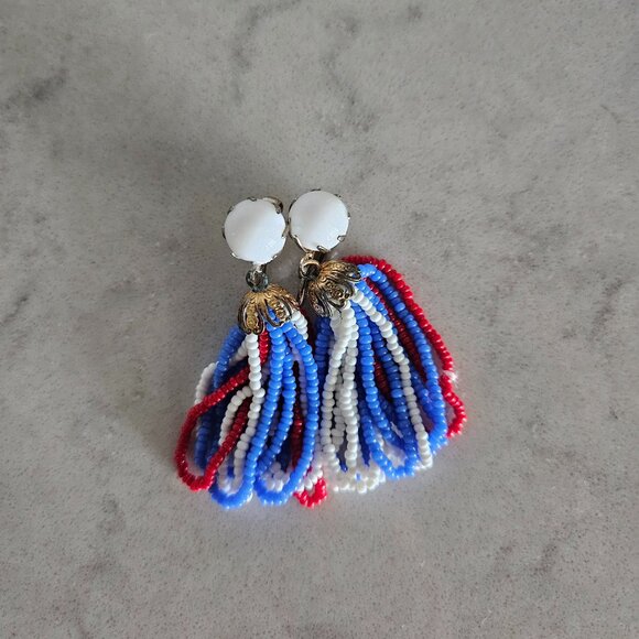 RED, WHITE, AND BLUE BEADED DANGLE CLIP-ON EARRINGS - Picture 1 of 14